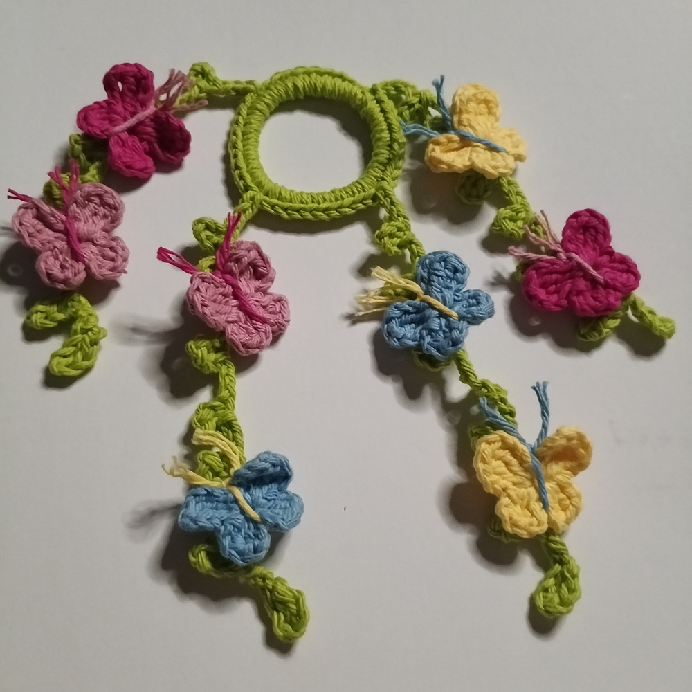 Handmade Crochet Butterfly Hair Tie in Pink, Blue, Yellow & Green. 100% Cotton